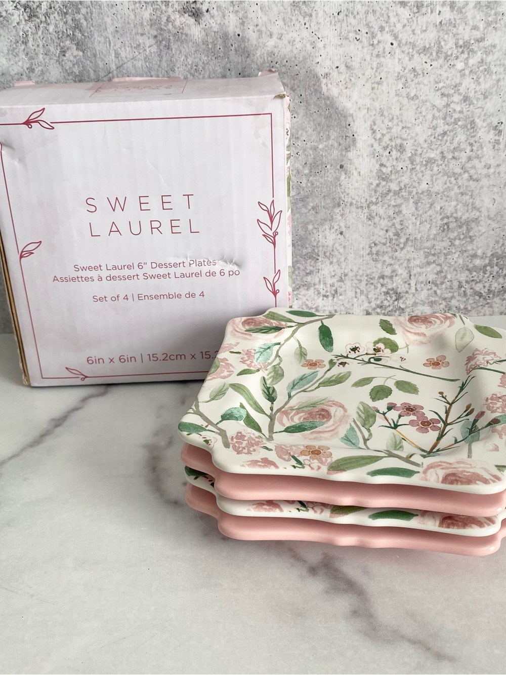 Sweet Laurel Floral Ceramic Dessert Plates Set of 4 Pink Cottagecore NIB